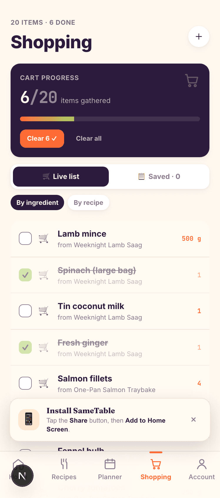 SameTable — one combined shopping list